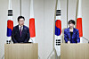 President Lee Jae Myung, left, and Japanese Prime Minister Sanae Takaichi speak during a joint press conference after their summit in Nara prefecture in Japan on Jan. 13. [JOINT PRESS CORPS]