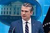 U.S. Secretary of Defense Pete Hegseth speaks during a press conference in the White House in Washington on April 6. [UPI/YONHAP]