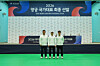 From left: Kim Woo-jin, Lee Woo-seok and Kim Je-deok pose for a photograph after securing their spots to compete at the 2026 Aichi-Nagoya Asian Games following qualifiers in Yecheon, North Gyeongsang, on April 17. [KOREA ARCHERY ASSOCIATION]