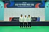 From left: Kim Woo-jin, Lee Woo-seok and Kim Je-deok pose for a photograph after securing their spots to compete at the 2026 Aichi-Nagoya Asian Games following qualifiers in Yecheon, North Gyeongsang, on April 17. [KOREA ARCHERY ASSOCIATION]