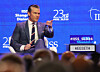 U.S. Secretary of Defense Pete Hegseth gestures during a question and answer session in a plenary session of the International Institute for Strategic Studies Shangri-la Dialogue Defence Summit in Singapore on May 30. [EPA/YONHAP]
