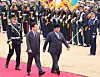 President Lee Jae Myung, center, and Indonesian President Prabowo Subianto, right, inspect an honor guard during a welcoming ceremony at the Blue House in central Seoul on April 1. [JOINT PRESS CORPS]