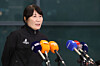 Lee Do-hee, head coach of Iran's women's national volleyball team, speaks with reporters after arriving at Incheon International Airport on March 5 following her emergency return to Korea amid escalating tensions in the Middle East. [JOINT PRESS CORPS]