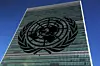 The United Nations logo is pictured in front of the United Nations Headquarters building during the 71st United Nations General Assembly in the Manhattan borough of New York, the United States, on Sept. 22, 2016. [REUTERS/YONHAP]