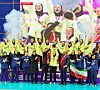 Iran's women's national volleyball team and head coach Lee Do-hee celebrate after winning the Central Asian Volleyball Association Women's Nations League. [LEE DO-HEE]