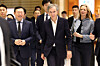 LVMH Chairman and CEO Bernard Arnault visited a Louis Vuitton store at Shinsegae Department Store and Lotte World Tower in Seoul on May 11 during his first trip to Korea in three years. In this photo, Arnault, center is seen with Lotte Group Chairman Shin Dong-bin, left. The chief of the world's largest luxury house visited Seoul accompanied by his daughter Delphine Arnault, right, CEO of Christian Dior Couture. [YONHAP]