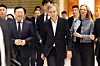 LVMH Chairman and CEO Bernard Arnault visited a Louis Vuitton store at Shinsegae Department Store and Lotte World Tower in Seoul on May 11 during his first trip to Korea in three years. In this photo, Arnault, center is seen with Lotte Group Chairman Shin Dong-bin, left. The chief of the world's largest luxury house visited Seoul accompanied by his daughter Delphine Arnault, right, CEO of Christian Dior Couture. [YONHAP]