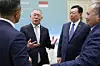 Hyundai Motor Group Executive Chair Euisun Chung, center left, and Lotte Chairman Shin Dong-bin speak with attendees at a state luncheon hosted for Indonesian President Prabowo Subianto by President Lee Jae Myung at the Blue House in central Seoul on April 1. [JOINT PRESS CORPS]