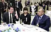 SK Group Chairman Chey Tae-won, left, chair of the Korea Chamber of Commerce and Industry, speaks with attendees at a state luncheon hosted for Indonesian President Prabowo Subianto by President Lee Jae Myung at the Blue House in central Seoul on April 1. [JOINT PRESS CORPS]