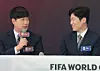 Sports commentators Bae Seong-jae, left, and Park Ji-sung speak at JTBC's press conference on its coverage of the 2026 FIFA World Cup at the Pullman Ambassador Seoul hotel in Jung District, central Seoul, on May 21. [NEWS1]