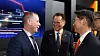 Colton LeBlanc, left, the Minister of Growth and Development for the Nova Scotia province of Canada, and Hanwha Ocean CEO Kim Hee-cheul, center, discuss potential areas of cooperation at the CANSEC 2026 in Ottawa, Canada. [HANWHA OCEAN]