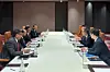 Hwang Ki-yeon, the chairman and CEO of the Export-Import Bank of Korea, center right, and Tarun Sharma, the deputy managing director of India Exim Bank, second from left, attend a meeting in Uzbekistan on May 5. [EXPORT-IMPORT BANK OF KOREA]