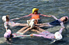 Children hold hands to form a star shape in the water as they cool off at Yeouido Mulbit Square, a waterfront public plaza with shallow fountains, in Yeongdeungpo District, western Seoul, on May 31.[YONHAP]