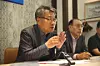 New head of the Korean Publishers Association Kim Tae-heon, far left, speaks during a press conference held in Jongno District, central Seoul, on May 13. [WOO JI-WON]