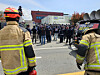 Police and firefighters are at a CU logistics center in Jinju, South Gyeongsang, on April 20 after a truck crashed into three people during a protest by the Korean Public Service and Transport Workers’ Union. [NEWS1]