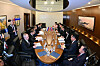 Members of a Russian delegation, left, and their North Korean counterparts hold talks at the Wonsan-Kalma resort on the North's eastern coast on April 22 in this photo released the following day by the Rodong Sinmun, the official newspaper of the North's ruling Workers' Party. [NEWS1]