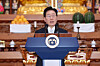 President Lee Jae Myung delivers a speech marking Buddha's Birthday at a Buddhist temple in Yangju, Gyeonggi, on May 24. [YONHAP]