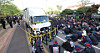 Truckers protest against BGF Logis in front of a logistics center in South Gyeongsang on April 21. [YONHAP]