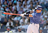 Choi Hyoung-woo of the Samsung Lions hits a single against the NC Dinos during the clubs' KBO regular-season game at Changwon NC Park in Changwon, South Gyeongsang, on May 10. [YONHAP]