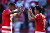 Jeong Woo-yeong of 1. FC Union Berlin, right, celebrates with his teammate Danilho Doekhl after scoring the team's fourth goal in its match with FC Augsburg at the Stadion An der Alten Försterei in Berlin on May 16. [REUTERS/YONHAP]