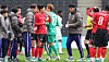 Korea players gather during a hydration break in a friendly against Ivory Coast at MK Stadium in Britain on March 28. [YONHAP]