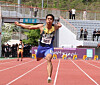 Joel Jin Nwamadi crosses the finish line first in the men’s 100-meter final at the 80th National Athletics Championships at Jeongseon Sports Complex in Gangwon on May 12. [KOREA ASSOCIATION OF ATHLETICS FEDERATIONS]