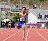 Joel Jin Nwamadi crosses the finish line first in the men’s 100-meter final at the 80th National Athletics Championships at Jeongseon Sports Complex in Gangwon on May 12. [KOREA ASSOCIATION OF ATHLETICS FEDERATIONS]