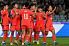 Korea's Park Soo-jeong, second from right, celebrates her goal with teammates during the AFC Women's Asian Cup Australia 2026 football match between Uzbekistan and Korea at Stadium Australia in Sydney on March 14. [AFP/YONHAP]