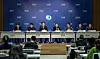 Bank of Korea (BOK) officials, including Deputy Gov. Kim Woong, fourth from left, are seen during a press conference at the BOK headquarters in Jung District, central Seoul, on Nov. 27, 2025. [BANK OF KOREA]
