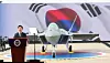 President Lee Jae Myung delivers remarks at a ceremony marking the rollout of the first mass-produced KF-21 fighter jet at Korea Aerospace Industries in Sacheon, South Gyeongsang, on March 25. [JOINT PRESS CORPS]