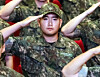 Lee Jee-ho, the eldest son of Samsung Electronics Executive Chairman Lee Jae-yong, salutes during an enlistment ceremony at the Naval Academy in Changwon, South Gyeongsang, on Sept. 23, 2025. [YONHAP]