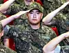 Lee Jee-ho, the eldest son of Samsung Electronics Executive Chairman Lee Jae-yong, salutes during an enlistment ceremony at the Naval Academy in Changwon, South Gyeongsang, on Sept. 23, 2025. [YONHAP]