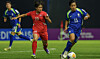 South Korea, in blue, competes in a football match against North Korea, in red, at the 2026 Asian Football Confederation (AFC) U-20 Women’s Asian Cup at Pathum Thani Stadium in Thailand on April 8. [SCREEN CAPTURE]