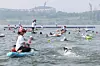 Participants of the ″MY PACE Hangang Triathlon Festival″ swim in the Han River in eastern Seoul on June 1, 2025. [YONHAP]