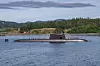 Crew members aboard the Dosan Ahn Chang-ho submarine perform a naval salute as the submarine arrives at Canadian Forces Base Esquimalt in Victoria, British Columbia, Canada, on May 23 for a Korea-Canada joint naval exercise. [REPUBLIC OF KOREA NAVY]