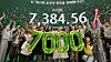 Employees at Hana Bank celebrate the Kospi’s first break above the 7,000 milestone at its trading room in central Seoul on May 6. The Kospi closed up 6.45 percent at 7,384.56, marking its second-largest daily gain on record. [NEWS1]