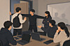 An AI-generated illustration shows students blocking a door so one of its members cannot leave the room [CHATGPT]