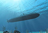 Silhouetted submarine underwater with light filtering through the surface.