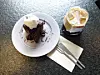 The Breve cream coffee and Mathilda chocolate cake at Petrol Place in Mangwon [LIM JEONG-WON]
