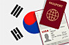 An illustration showing visa and a passport with the Korean flag in the background [VECTOR]