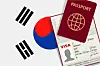 An illustration showing visa and a passport with the Korean flag in the background [VECTOR]