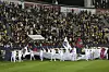 LG Twins players hold the Korean Series championship trophy at Jamsil Baseball Stadium in Songpa District, southern Seoul, on Nov. 1, 2025. [YONHAP]