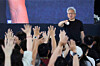 Nvidia CEO Jensen Huang cheers with employees during a celebration at the construction site of the company's Taiwan headquarters on May 27. [AP/YONHAP]