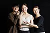 From right, Saori Hara, Yeom Da-yeon and Yeom Ji-hoon pose for the camera at the Ballet West ballet academy in Jongno District, central Seoul. [JOONGANG SUNDAY]