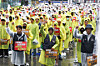 Members of the Kakao labor union stage a rally outside the Pangyo Station in Seongnam, Gyeonggi, on May 20. [YONHAP]