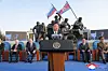 North Korean leader Kim Jong-un speaks during the opening ceremony of a memorial museum for North Korean troops killed fighting in Russia in Pyongyang on April 26. [YONHAP]