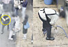 Two stills from CCTV footage show a Gwangjang Market restaurant employee rummaging through a trash bin, allegedly to find discarded ice, left, then washing it with a rubber hose. [SCREEN CAPTURE]