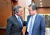 South Korean Foreign Minister Cho Hyun, right, and IAEA Director General Rafael Grossi hold a meeting at the Ministry of Foreign Affairs in central Seoul on April 15 to discuss South Korea's nuclear-propelled submarine project and North Korean nuclear issues. [MINISTRY OF FORIEGN AFFAIRS]