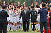 North Korean leader Kim Jong-un meets and encourages players and coaches after an exhibition match between North Korea's national team, winner of the 2026 AFC U-17 Women's Asian Cup, and Naegohyang Women's FC, winner of the 2025-26 AFC Women's Champions League, at an event marking the 80th anniversary of the founding of the Workers' Party's Central Cadres Training School on June 1, as reported by the North's Rodong Sinmun the following day. [NEWS1]