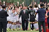 North Korean leader Kim Jong-un meets and encourages players and coaches after an exhibition match between North Korea's national team, winner of the 2026 AFC U-17 Women's Asian Cup, and Naegohyang Women's FC, winner of the 2025-26 AFC Women's Champions League, at an event marking the 80th anniversary of the founding of the Workers' Party's Central Cadres Training School on June 1, as reported by the North's Rodong Sinmun the following day. [NEWS1]